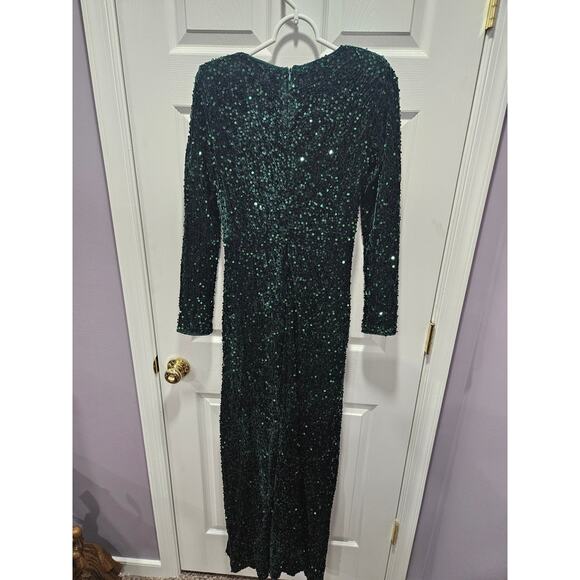 Faeristy Green Sequin Velvet Ruched Gown Dress Maxi Size L Deep V Wrap - Picture 6 of 9